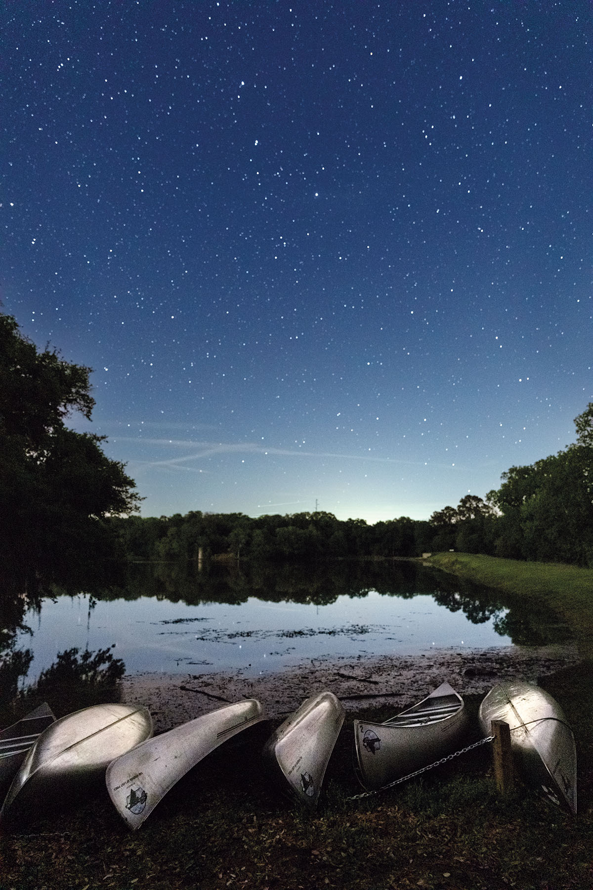 A group of five silver canoes lay on the shoreline of a still lake underneath a dark blue-black sky filled with stars