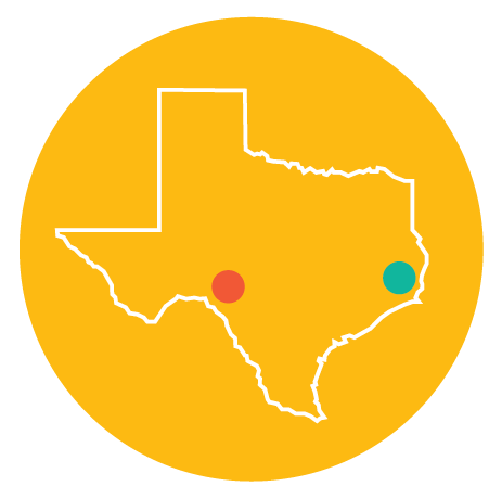 A map of Texas with two dots, one near the big bend and one in east Texas