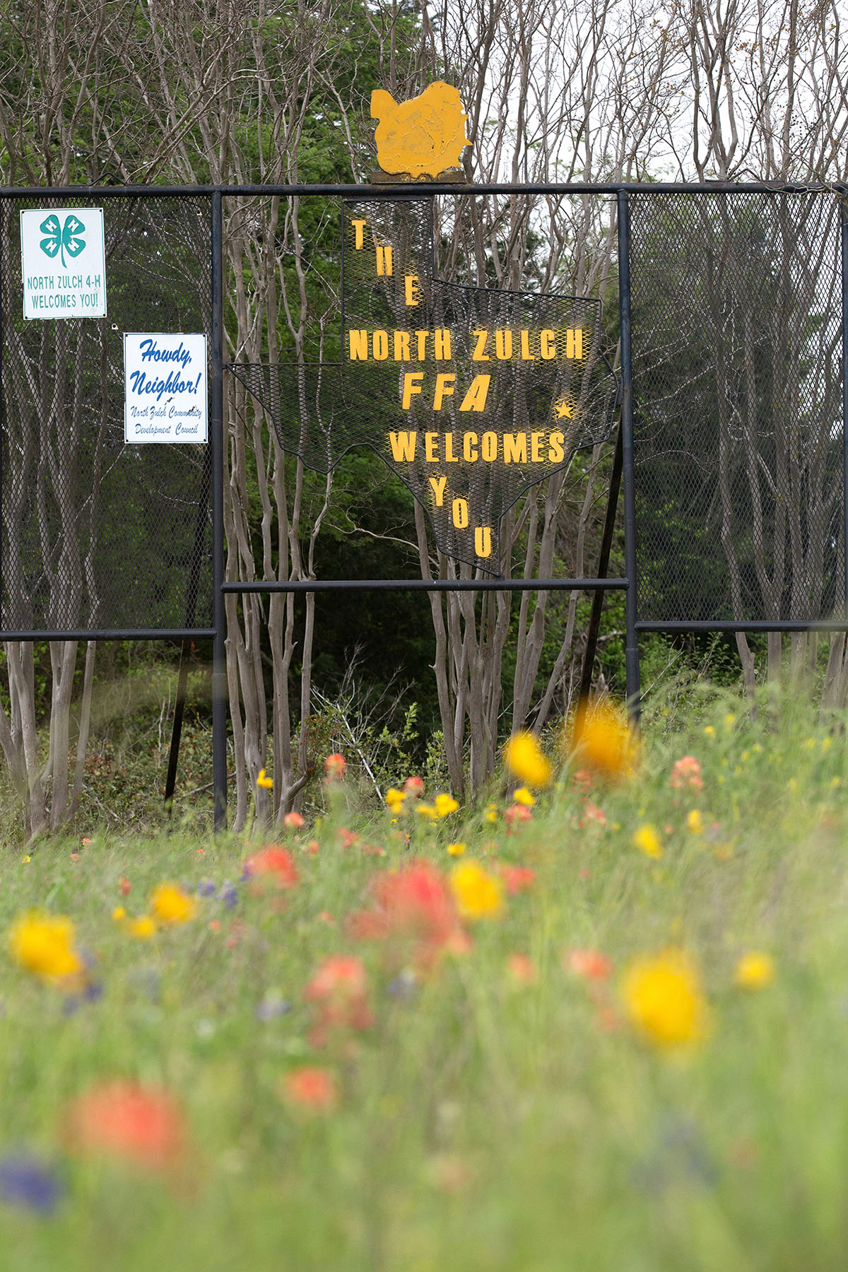 A field of wildflowers in front of a fence with a sign reading "The North Zulch FFA Welcomes You"