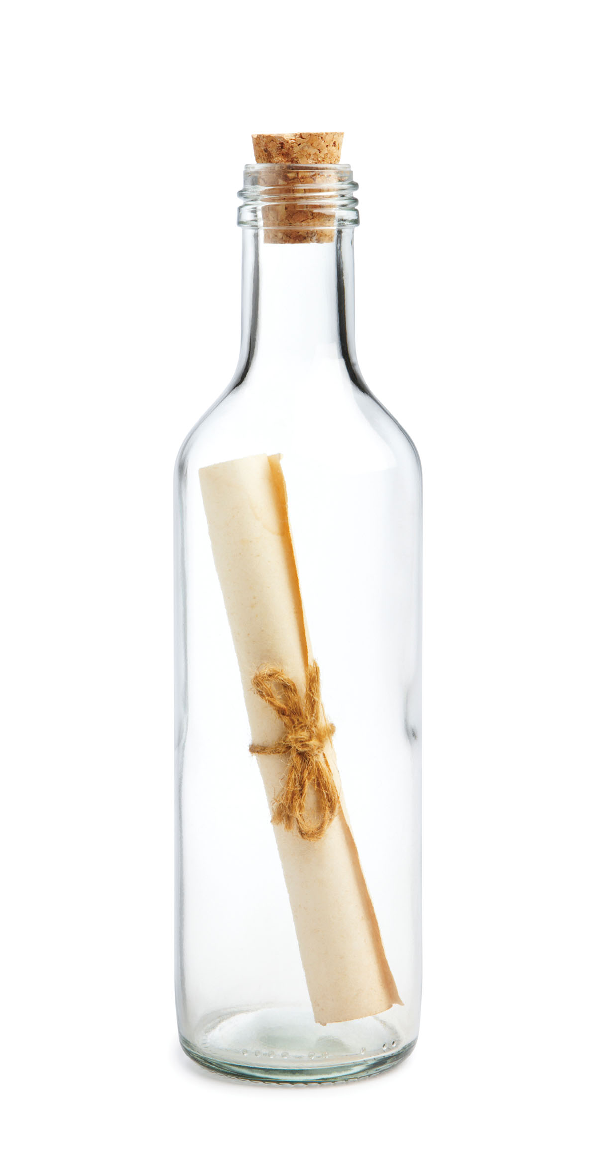 A rolled scroll of paper inside of a glass bottle