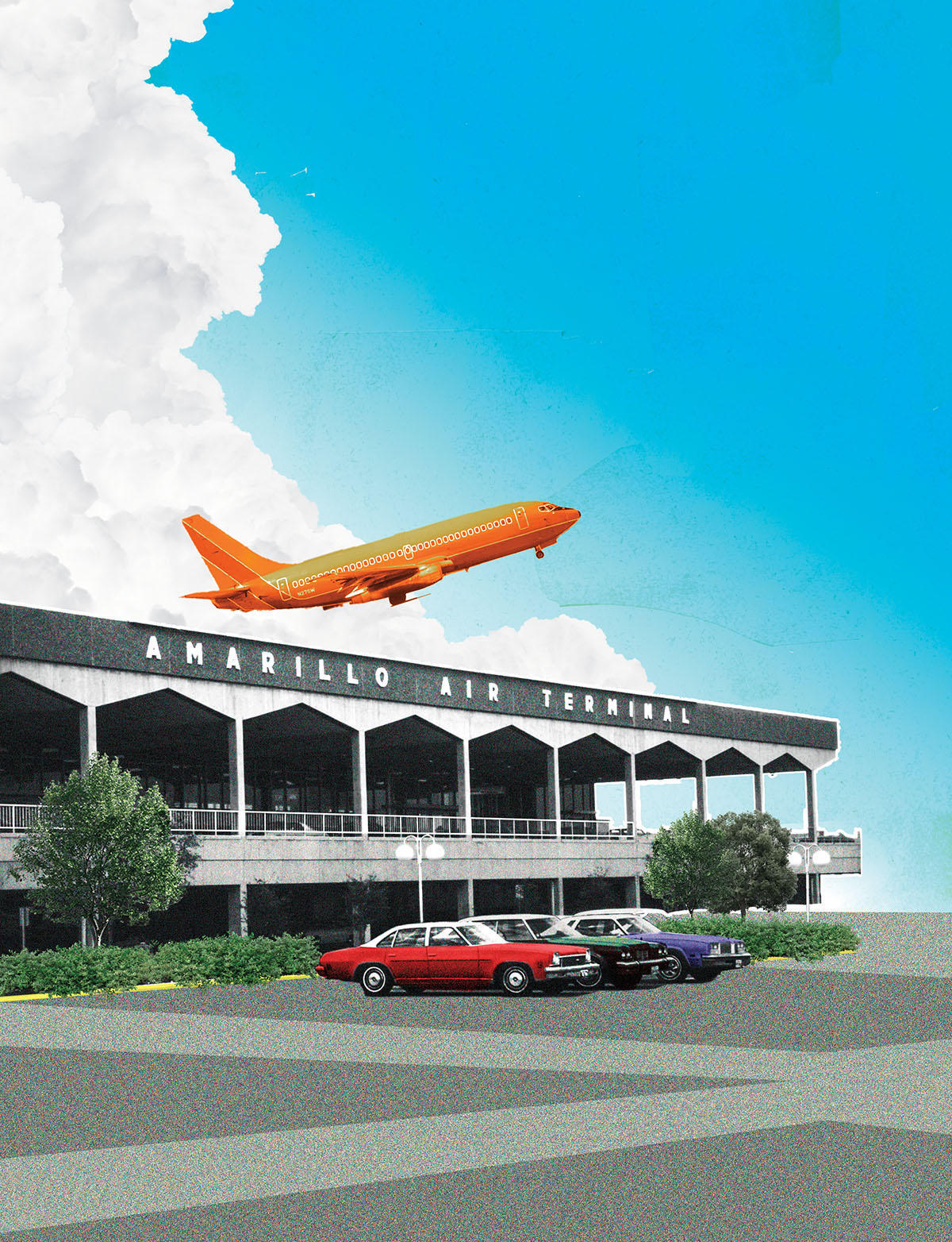 An illustration of an orange and brown airplane flying over an art-deco building reading "Amarillo Air Terminal" with several old-fashioned cars out front