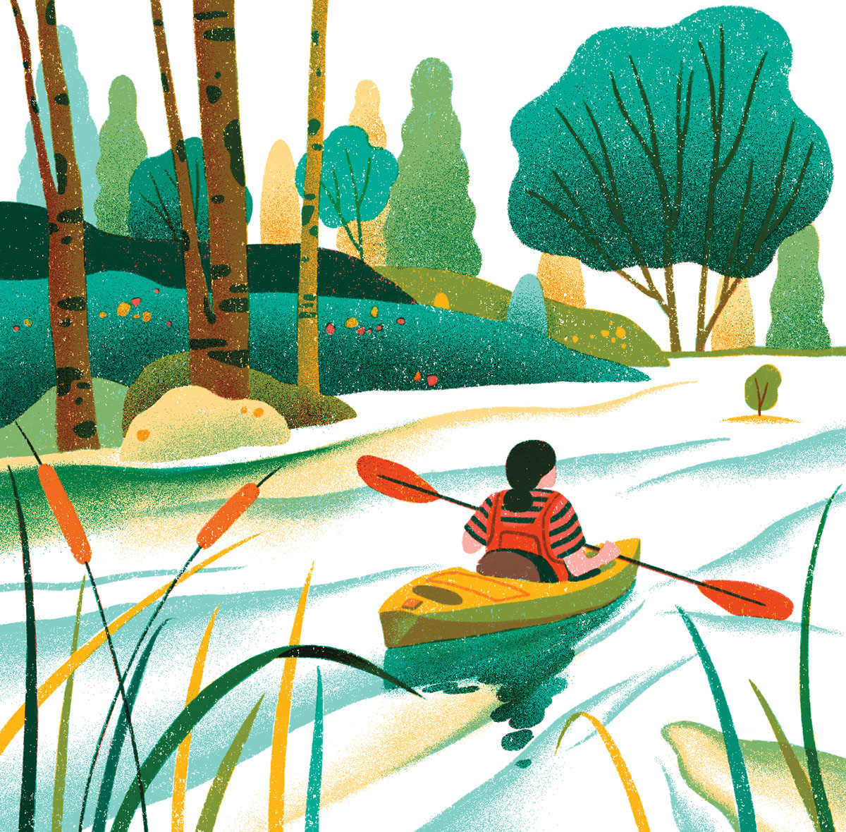An illustration of a woman in a red life jacket paddling a kayak