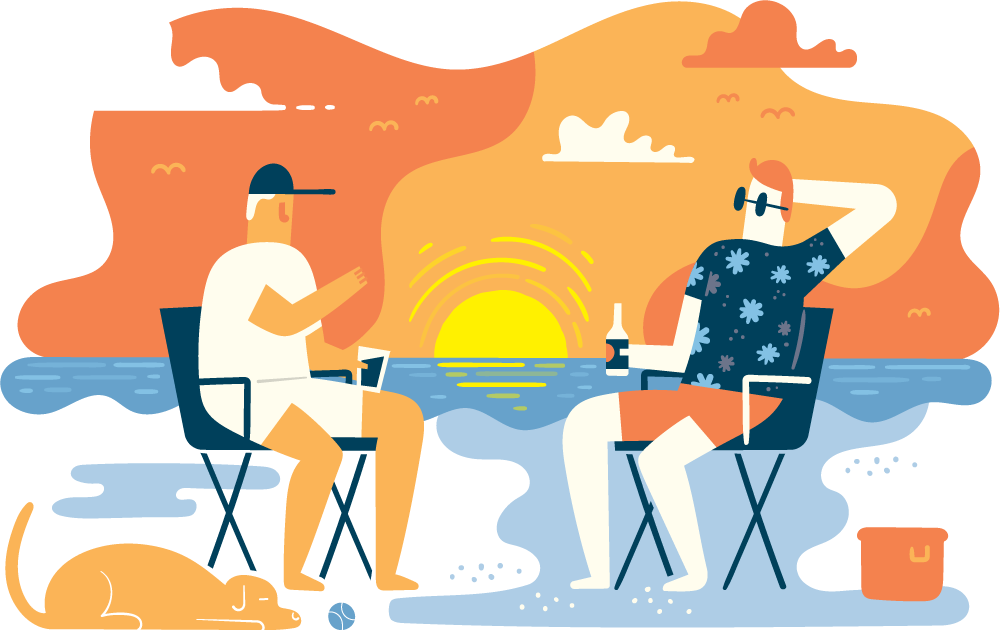 An illustration of two people enjoying drinks in beach chairs in front of a sunset