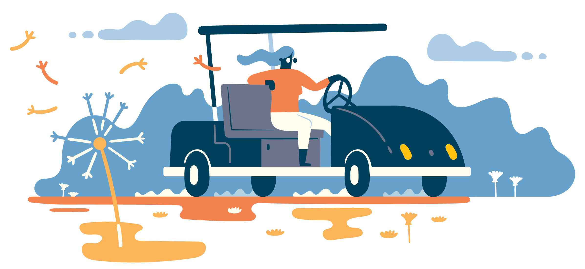 An illustration of a person driving a golf cart