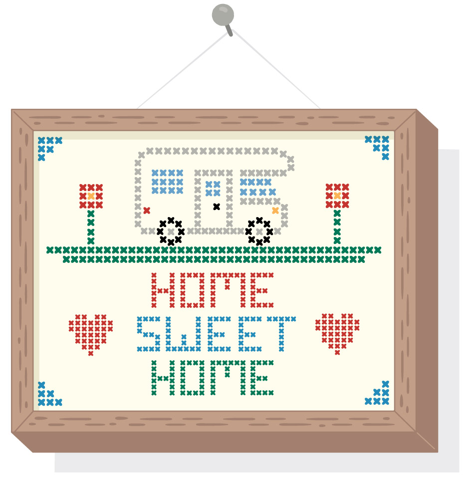 An illustration of a cross-stitch reading "Home Sweet Home"