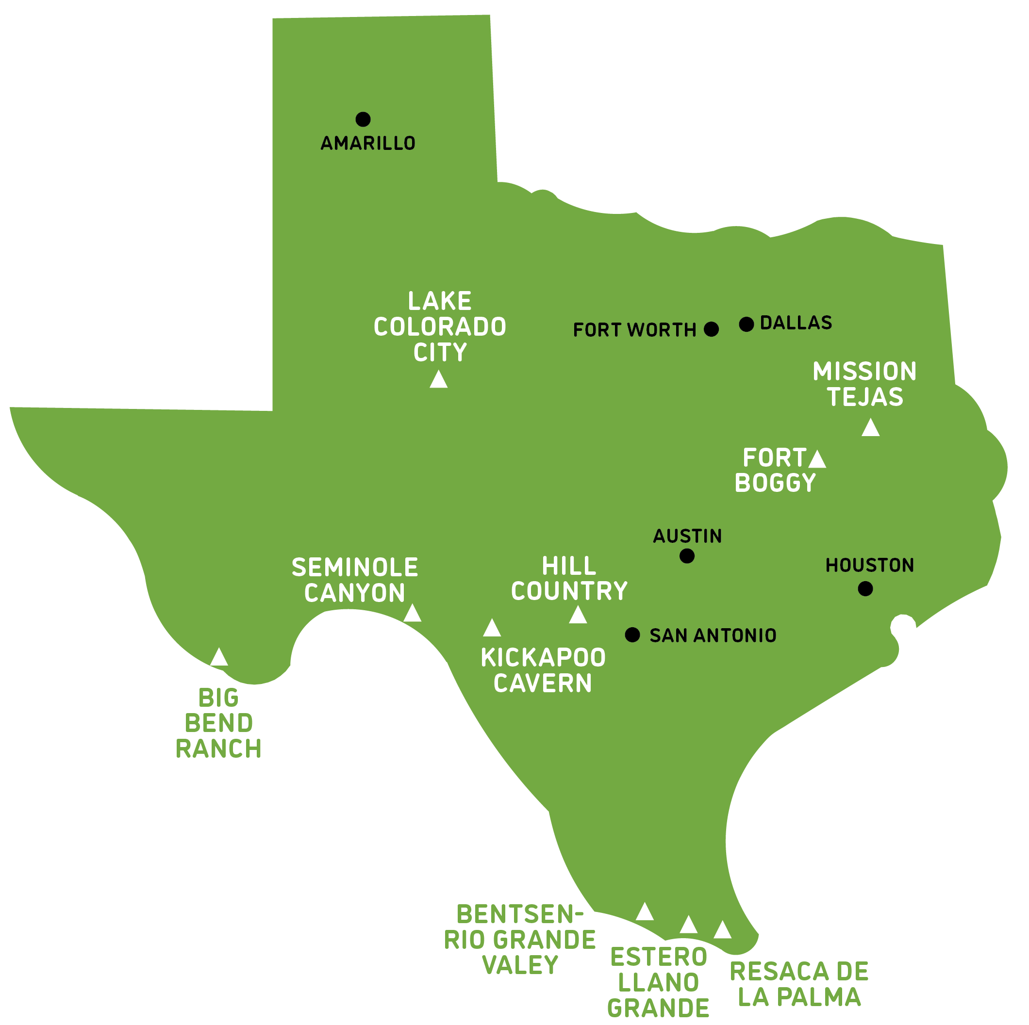 A map showing the least-visited state parks in Texas