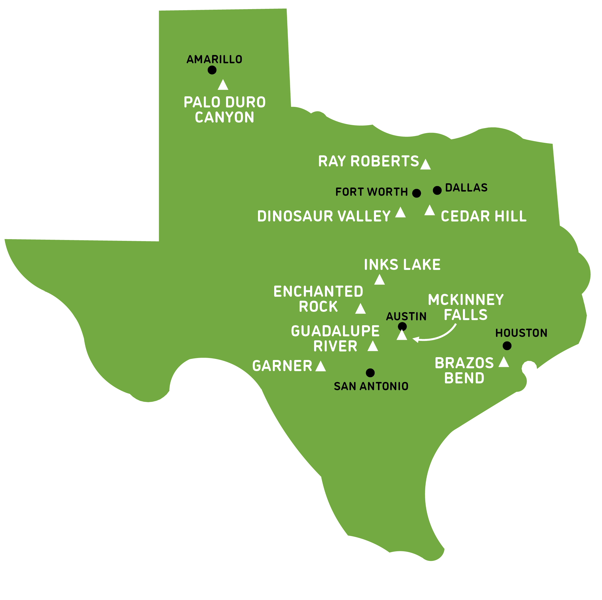 A map showing the most-visited state parks in Texas