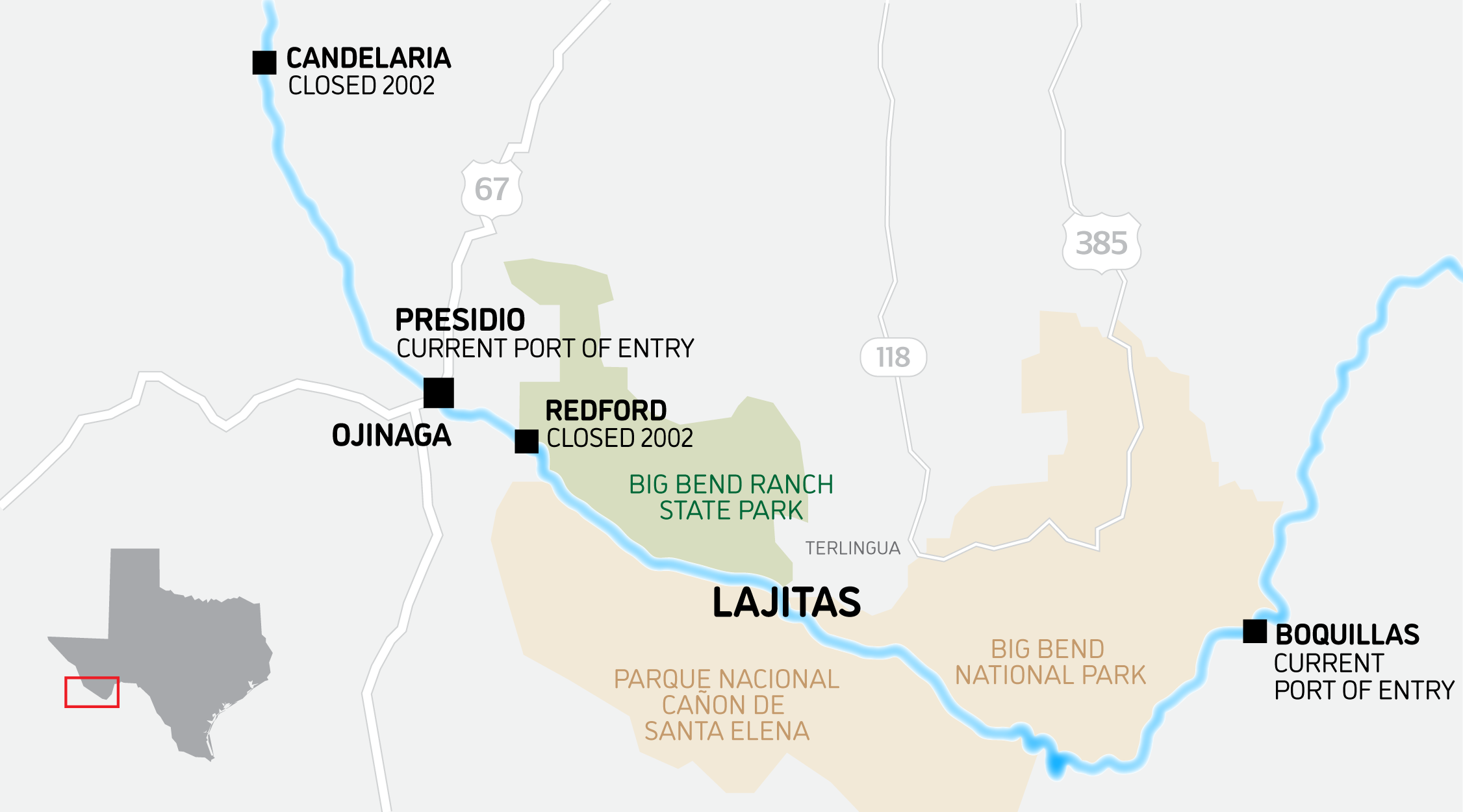 A map showing points of entry and crossings of the Rio Grande in west Texas