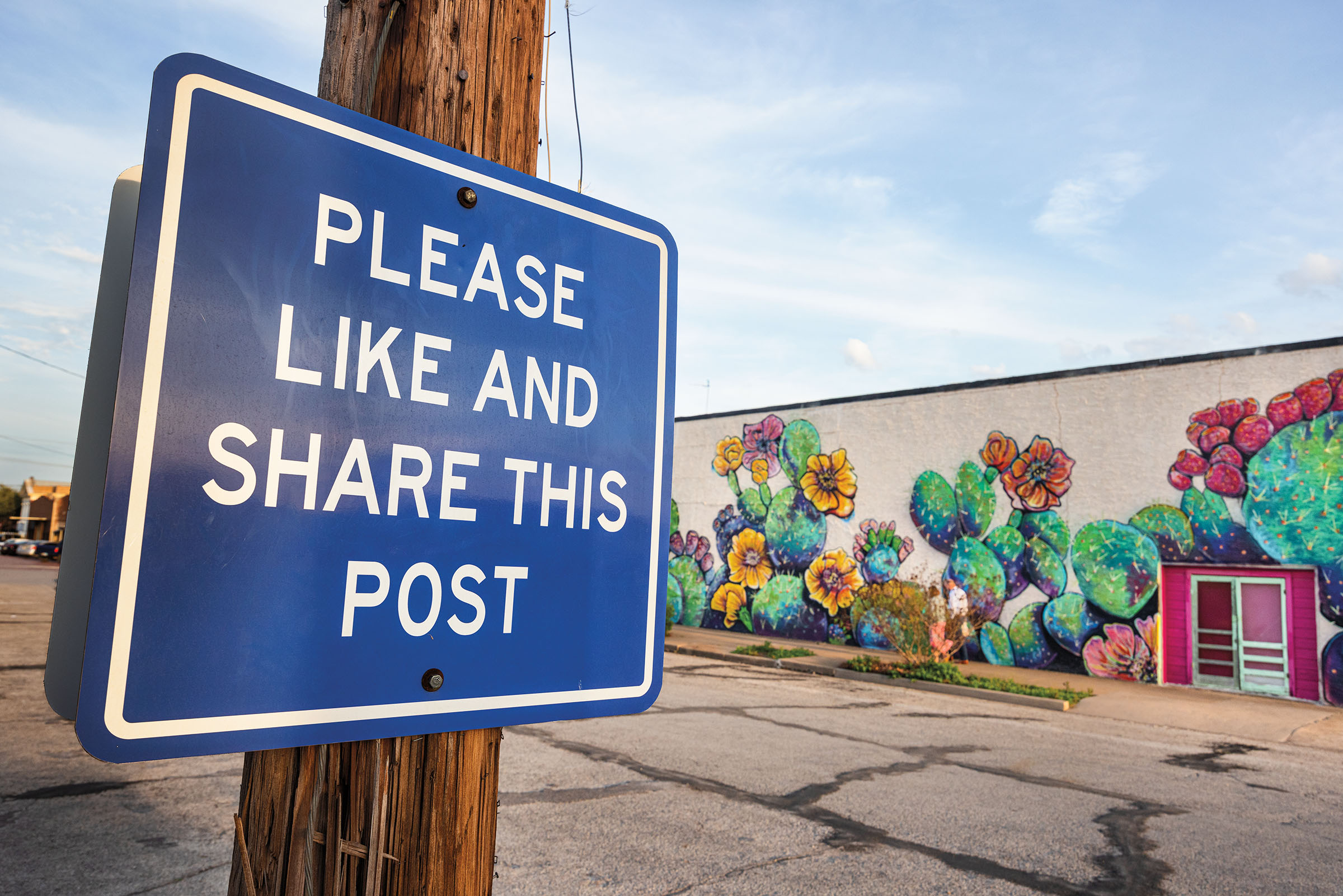 A blue sign reading "Please like and share this post" in front of a brightly colored cactus mural