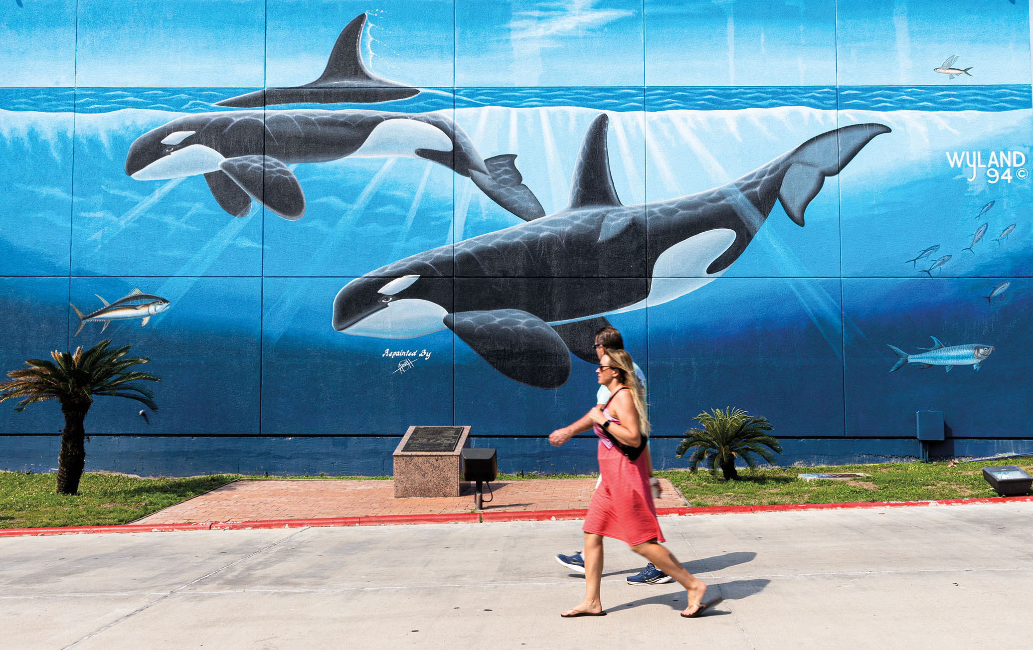A couple walks in front of a large mural of several orcas swimming in deep blue water