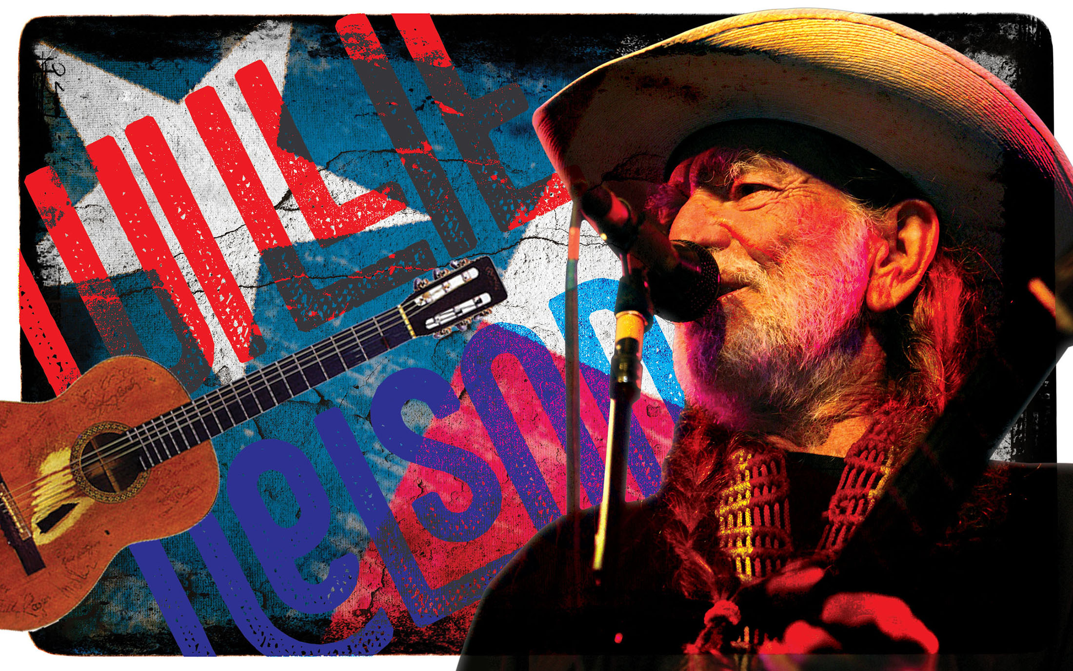A photo illustration of Willie Nelson singing into a microphone with a guitar and Texas flag in the background