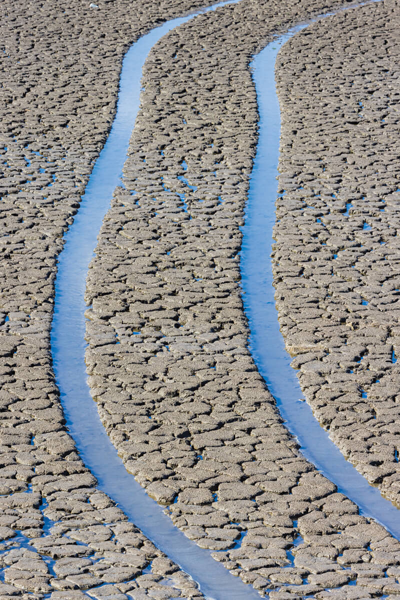 Two tire tracks fill with blue water amid a gray and cracked, dry landscape