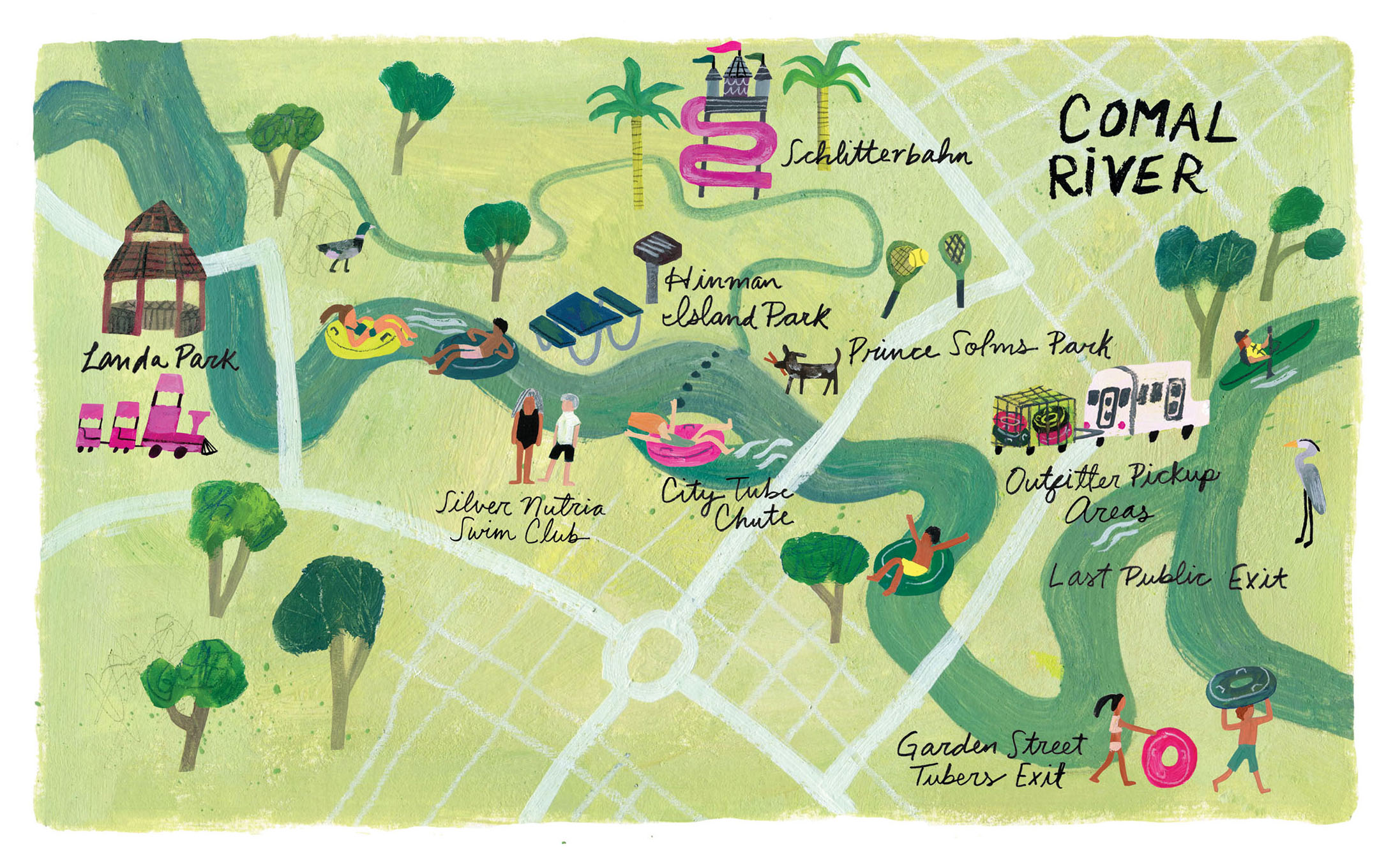 A map of various points along the Comal river