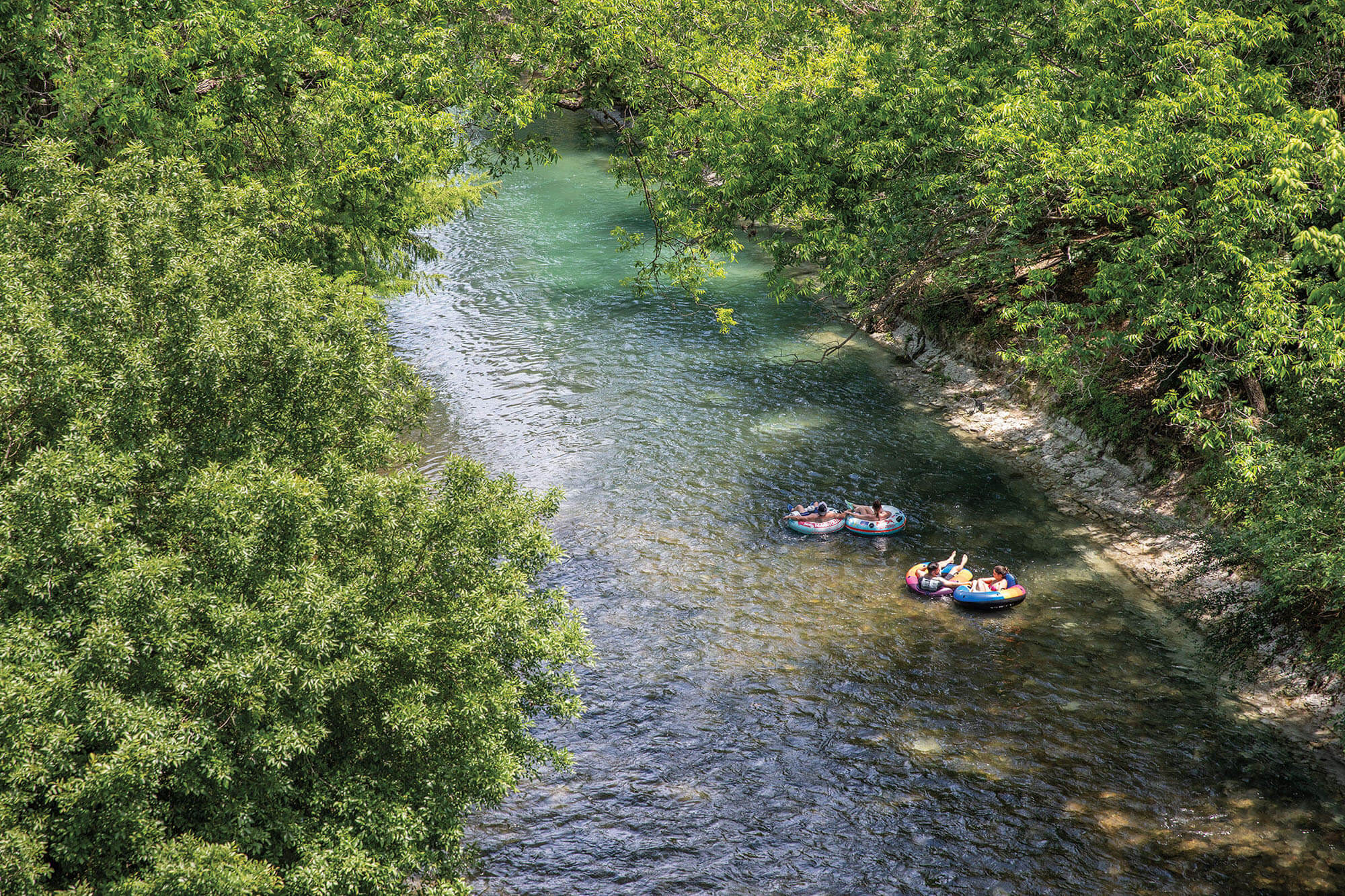 Two people float gently in a clear body of water under green trees