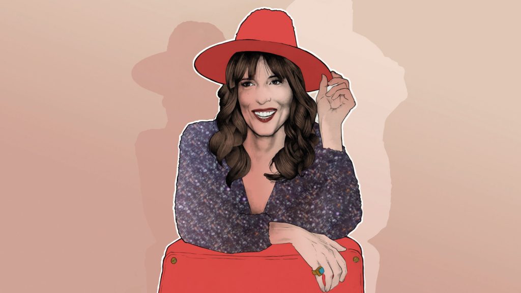 An illustration of actress and writer Edi Patterson sitting on a chair wearing a red hat.