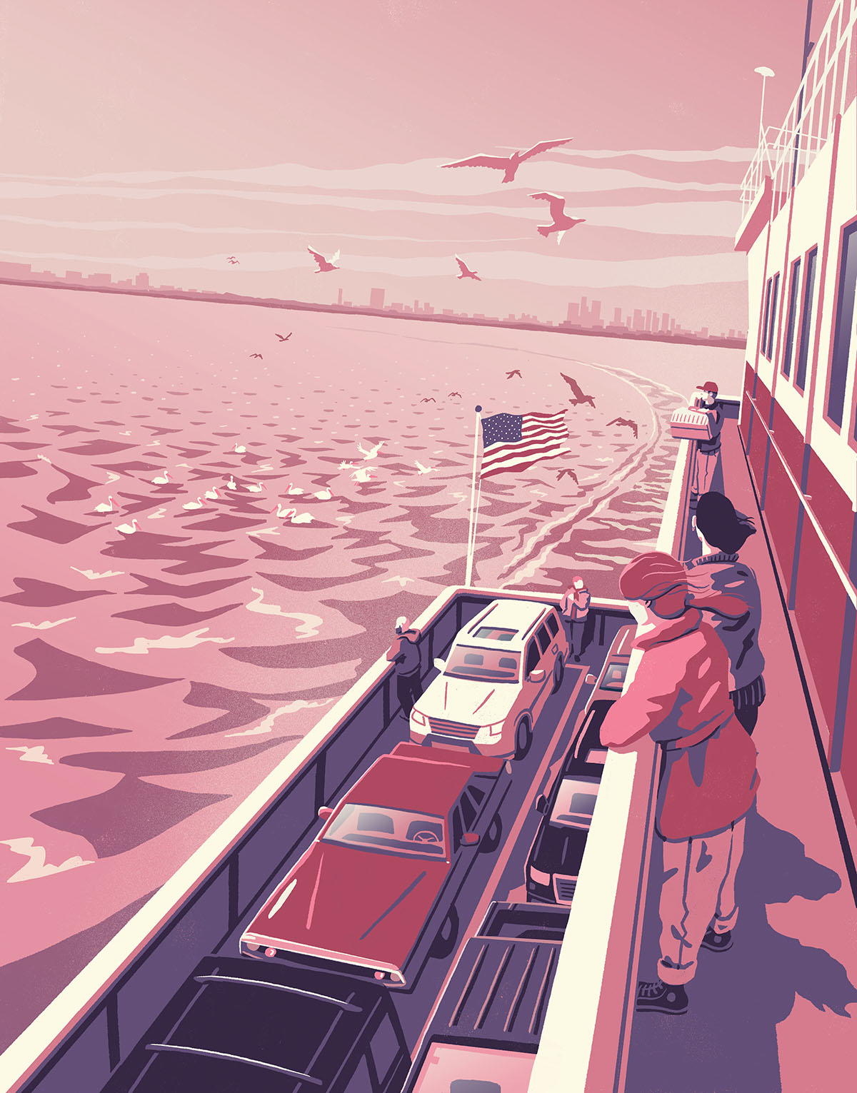 An illustration of people looking over the railing of a ferry with cars and buildings far in the distance