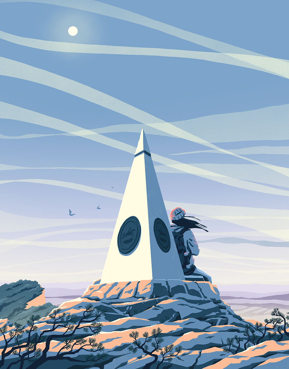 An illustration of a person leaning against the obelisk marker atop Guadalupe Peak