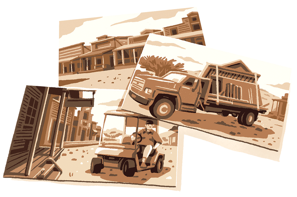 An illustration of three sepia-toned images laying flat on a white background