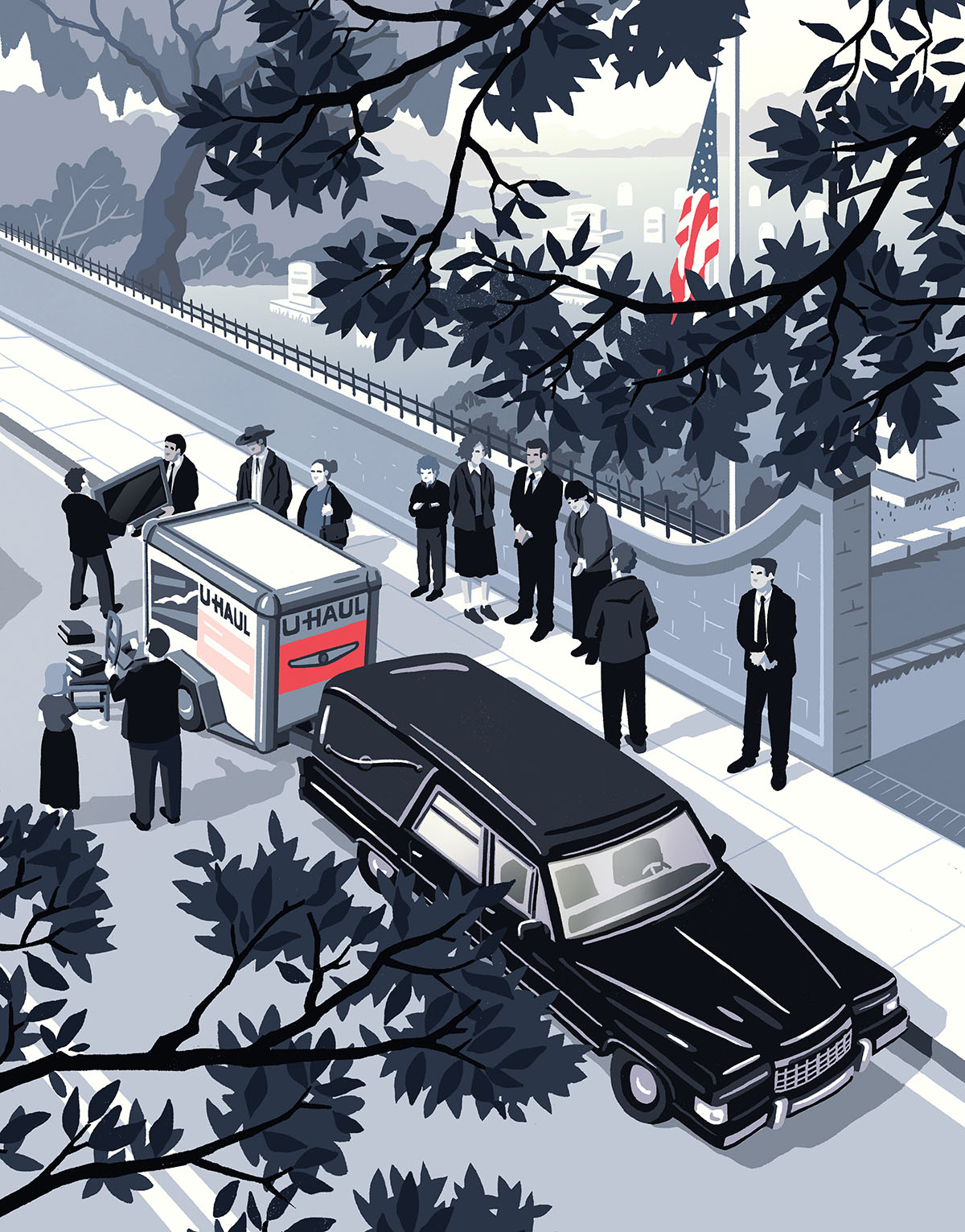 An illustration of a group of people loading a u-haul behind a hearst