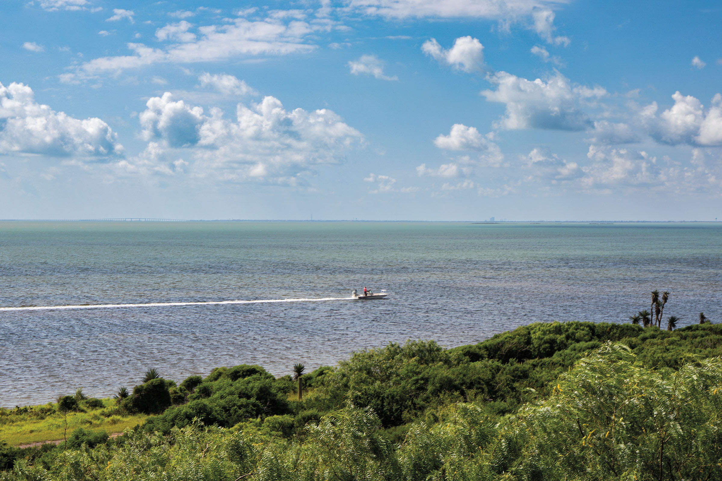 A boat moves across a large body of water in front of green grass under a blue sky