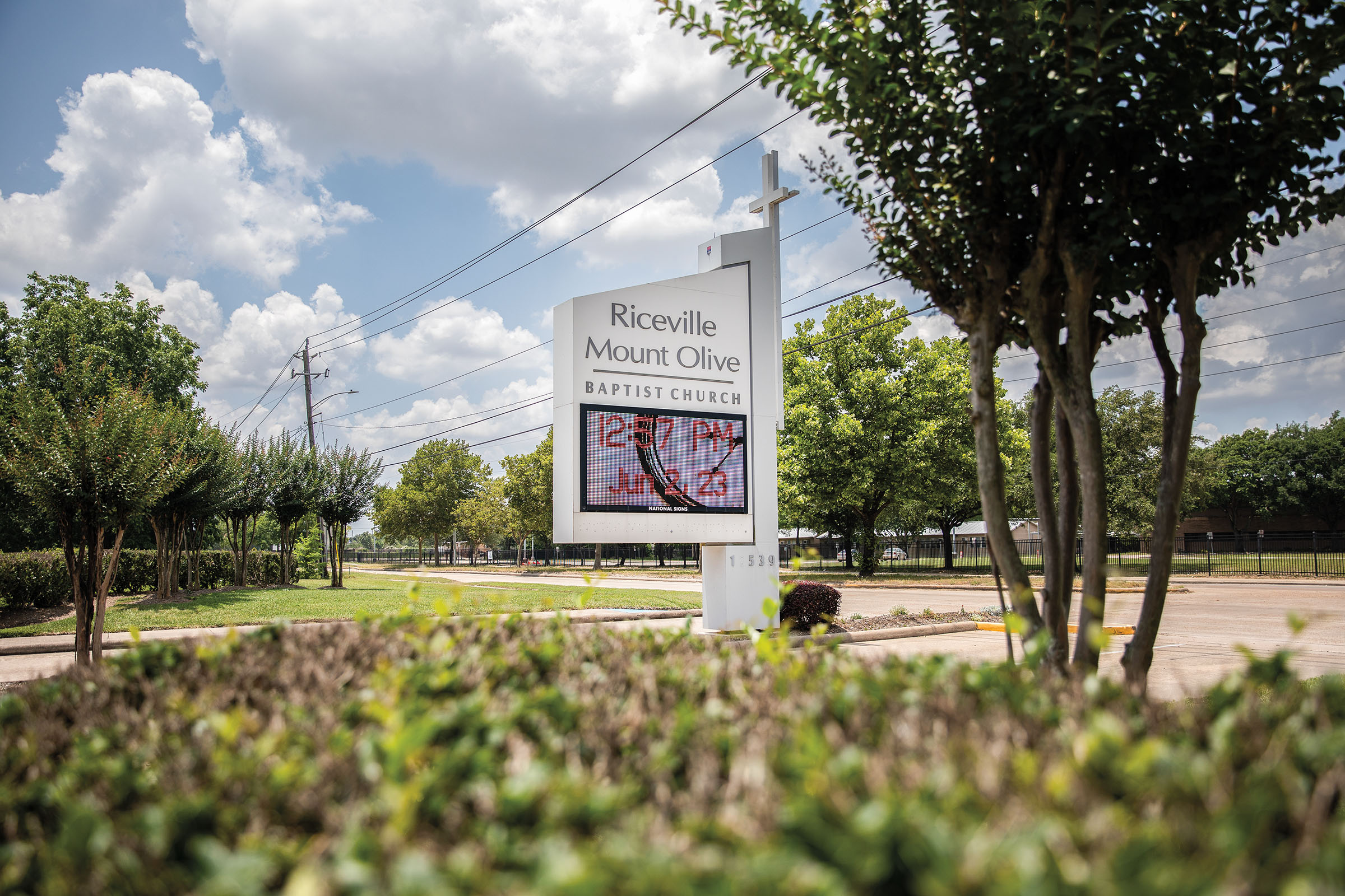 A large white sign reading "Riceville Mount Olive Baptist Church" sits in a grassy area beneath a tree