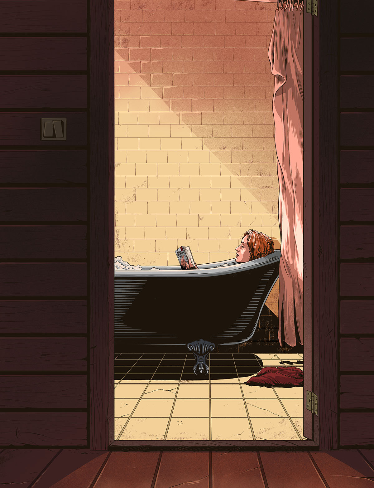 An illustration of a woman reading in a bathtub
