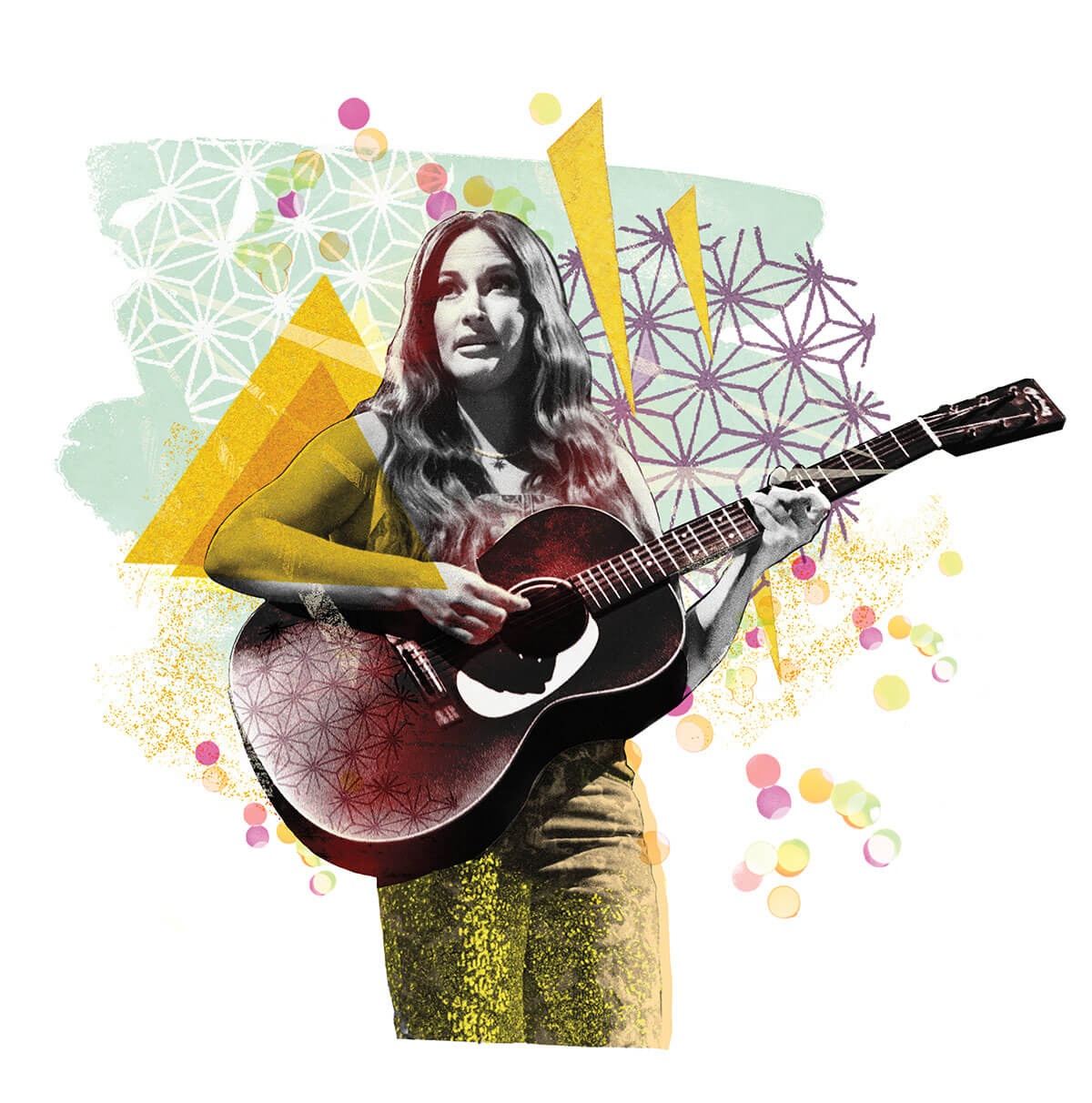 An illustration of a woman with long dark hair holding a guitar in front of a colorful background
