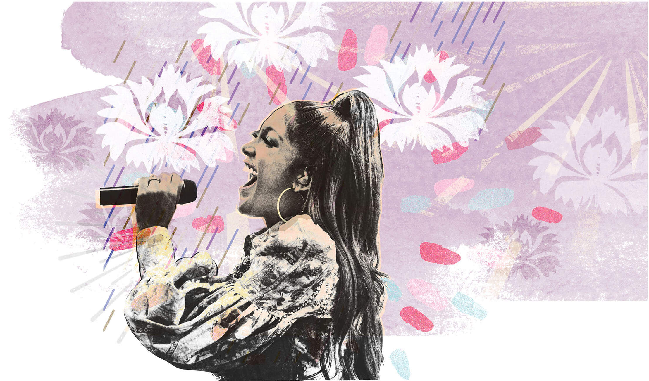 An illustration of a woman with a ponytail singing into a microphone on a purple background