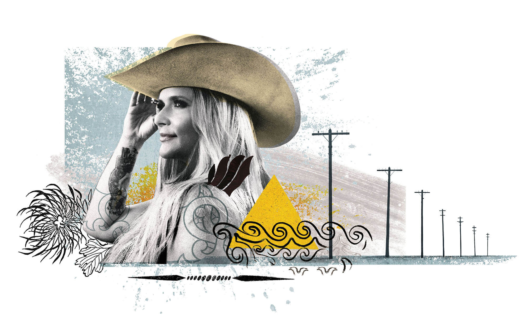 An illustration of a woman with short blonde hair and a cowboy hat in front of a desert landscape with tumbleweeds and powerlines