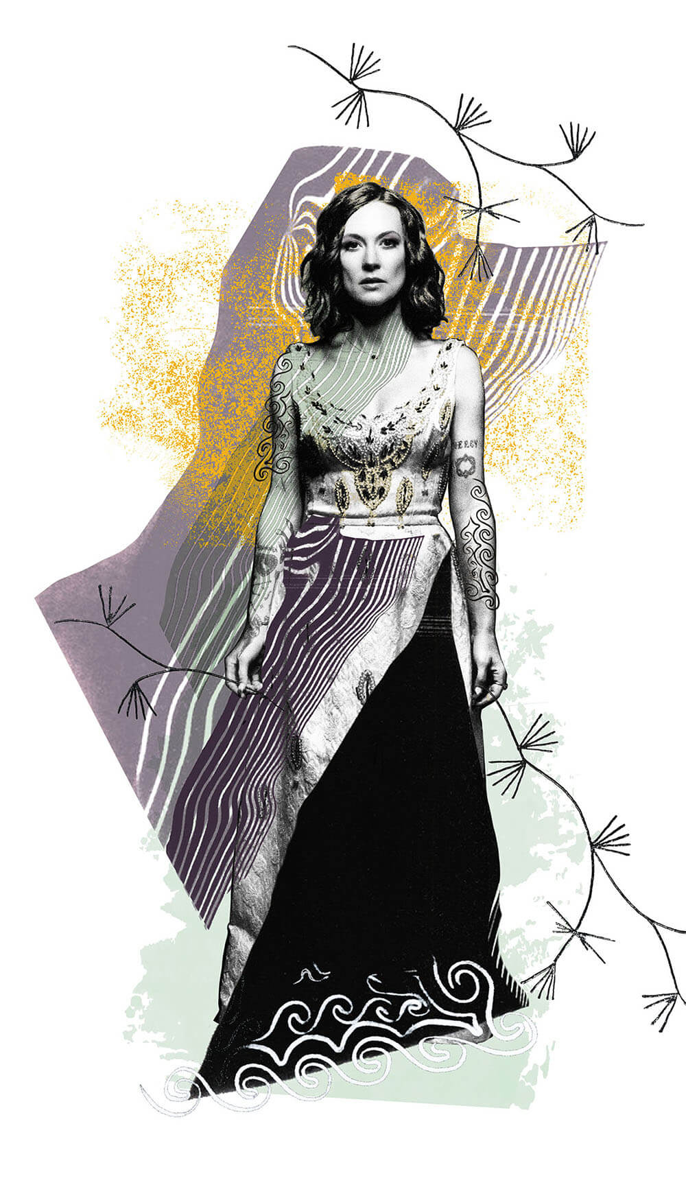 A photo illustration of a woman wearing a long dress surrounded by creative colors and accent lines