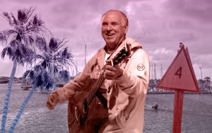 A photo illustration of Jimmy Buffett playing guitar along with iconic scenes of Port Aransas