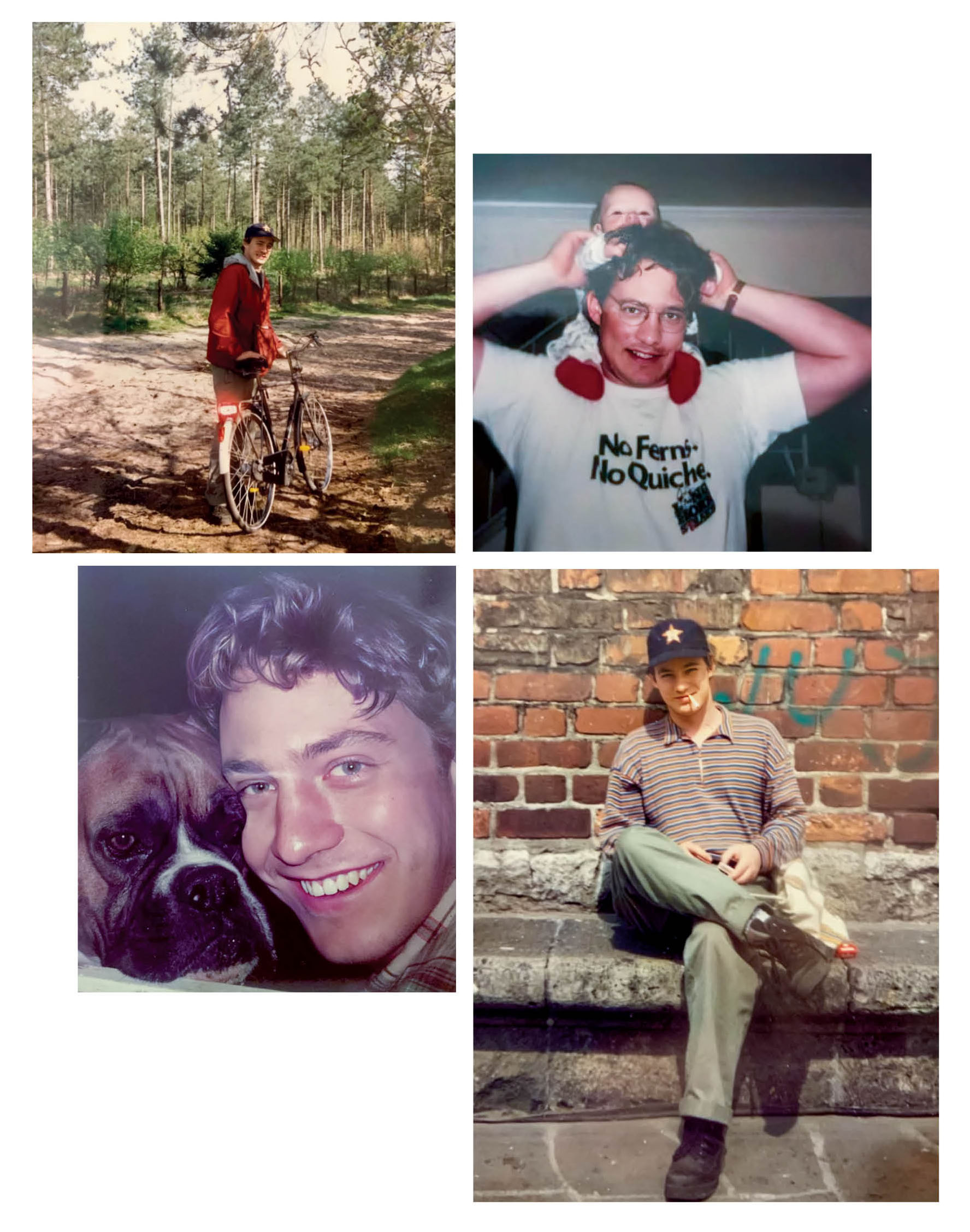 A collage of images of John Nova Lomax, including him riding a bicycle, holding a baby, posing with a dog, and sitting in front of a brick wall