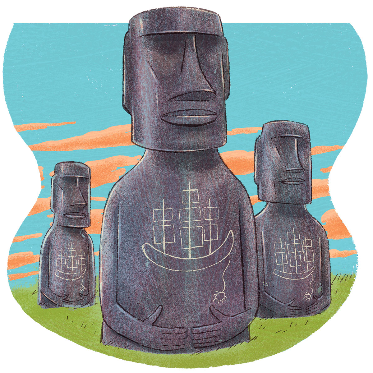 An illustration of large Easter Island heads on green grass