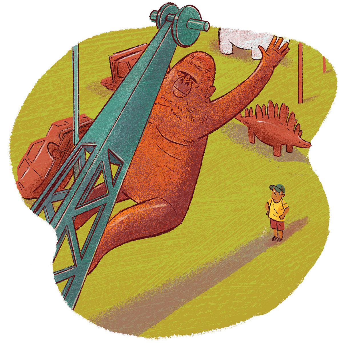 An illustration of a large rust-colored gorilla climbing a metal object