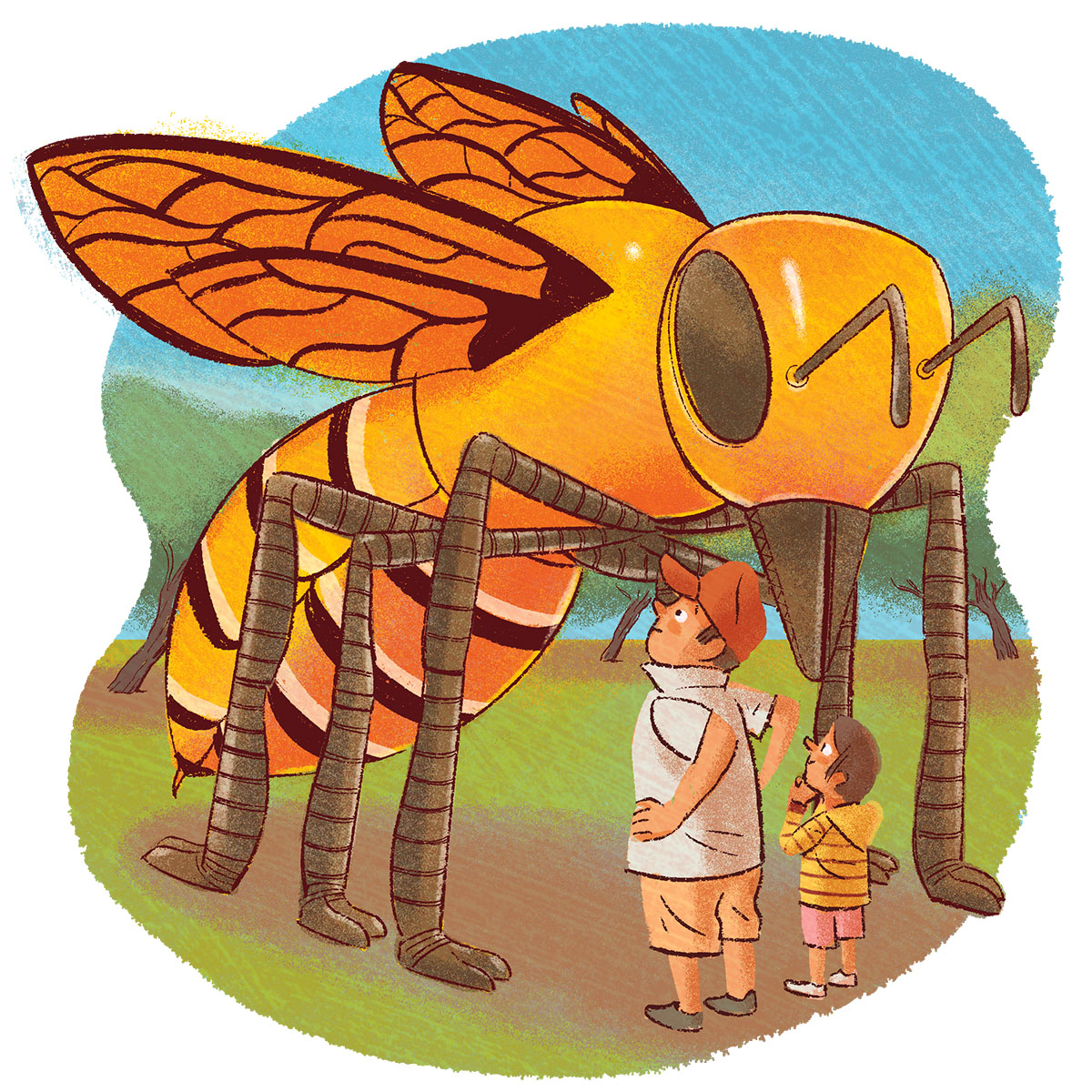 An illustration of a giant killer bee looking down on a man and child