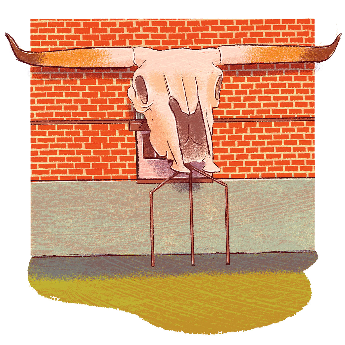 An illustration of a large longhorn skull on a brick wall