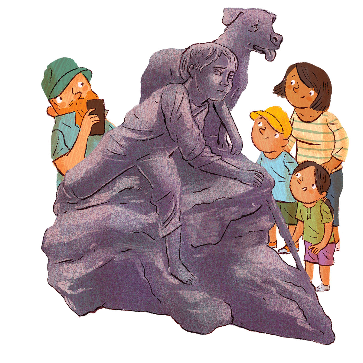 An illustration of a group of young people looking at a gray stone sculpture of a dog