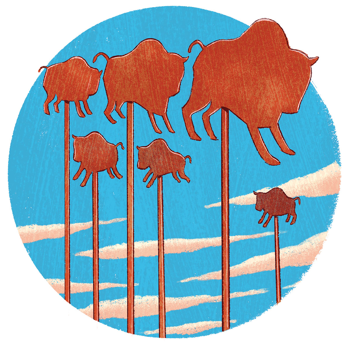 An illustration of rust-colored buffalo in front of a blue background