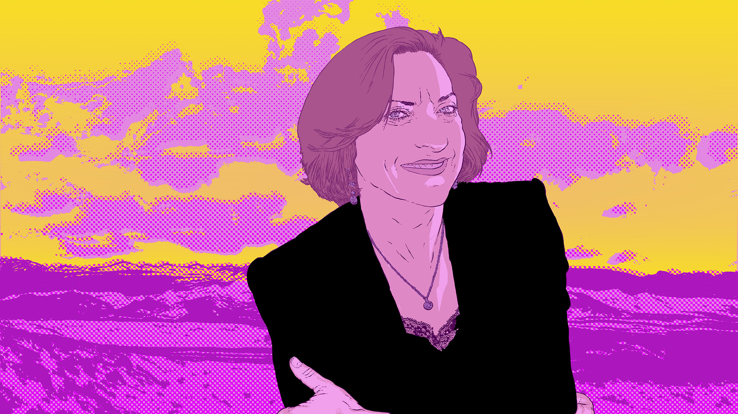 A brightly-colored illustration of a woman wearing a dark blazer