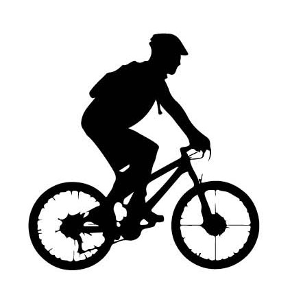 A silhouette drawing of a person on a bicycle