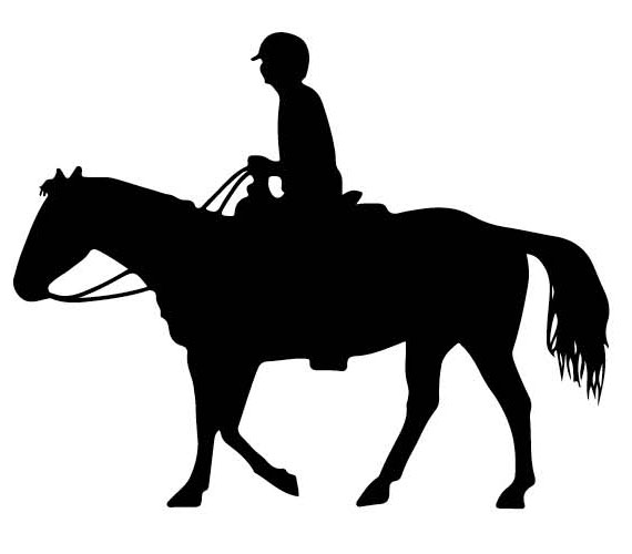 A silhouette drawing of a person riding a horse