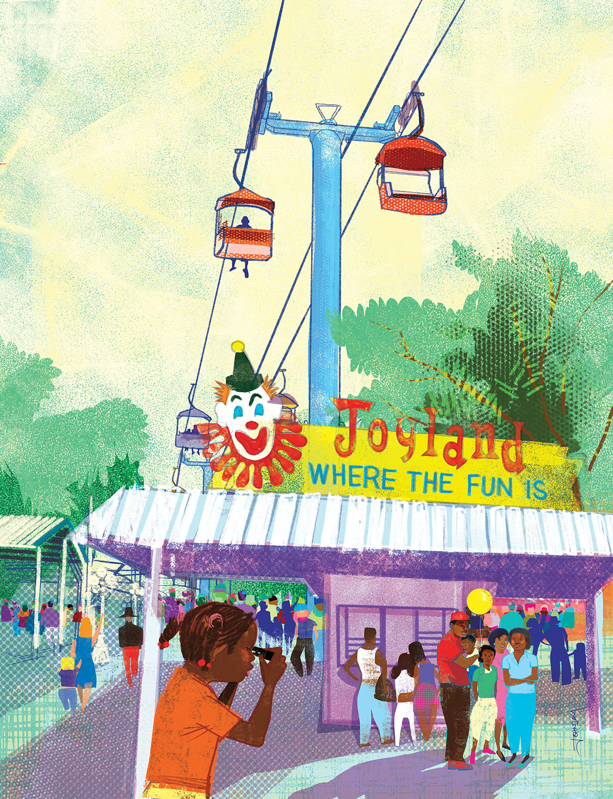 An illustration of a young woman looking at a group of people through glasses. The background scene is a busy amusement park, including a yellow sign reading "Joyland Where The Fun Is" and a red gondola