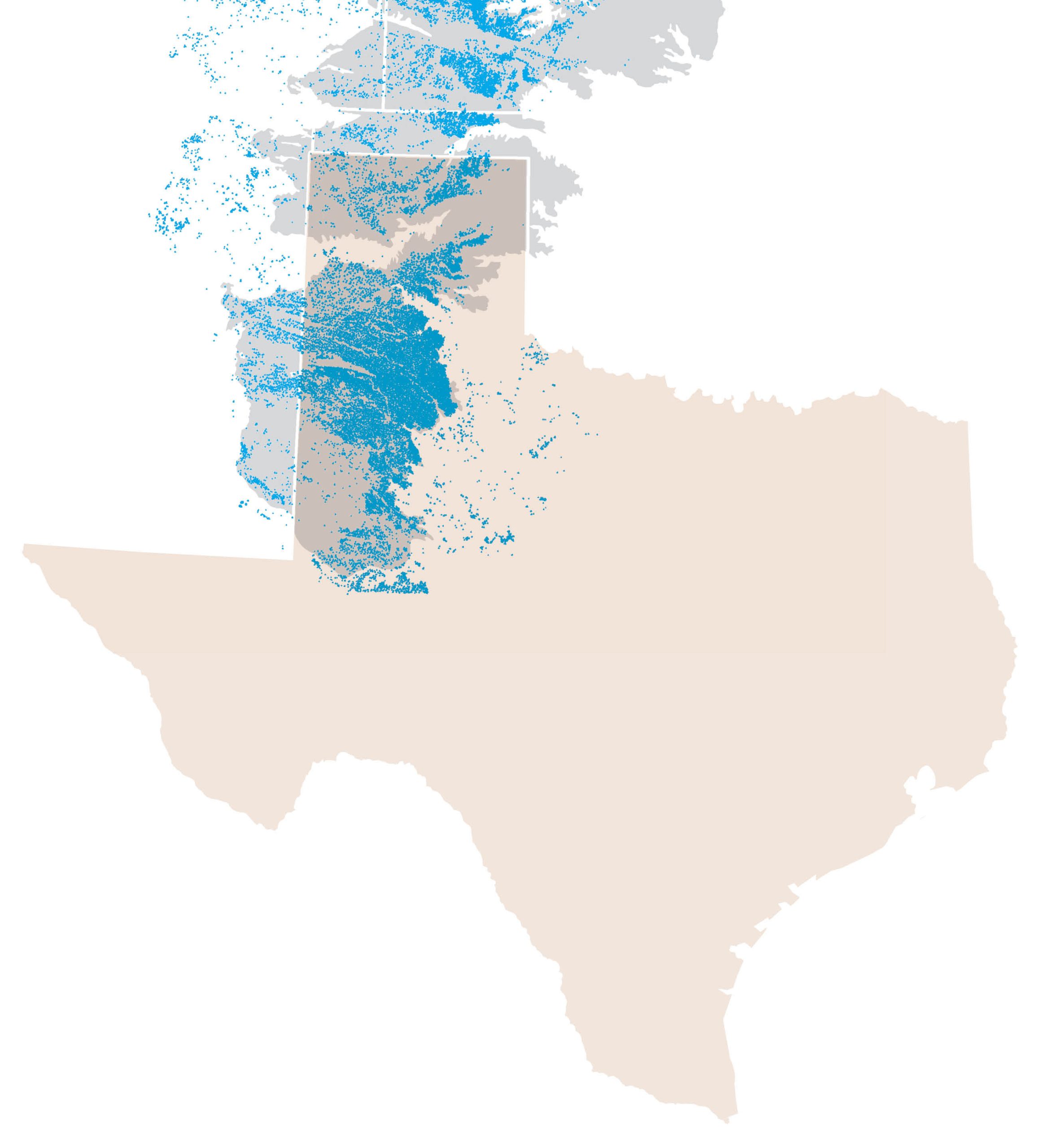 A map showing the location of playa lakes, primarily in the Texas panhandle 