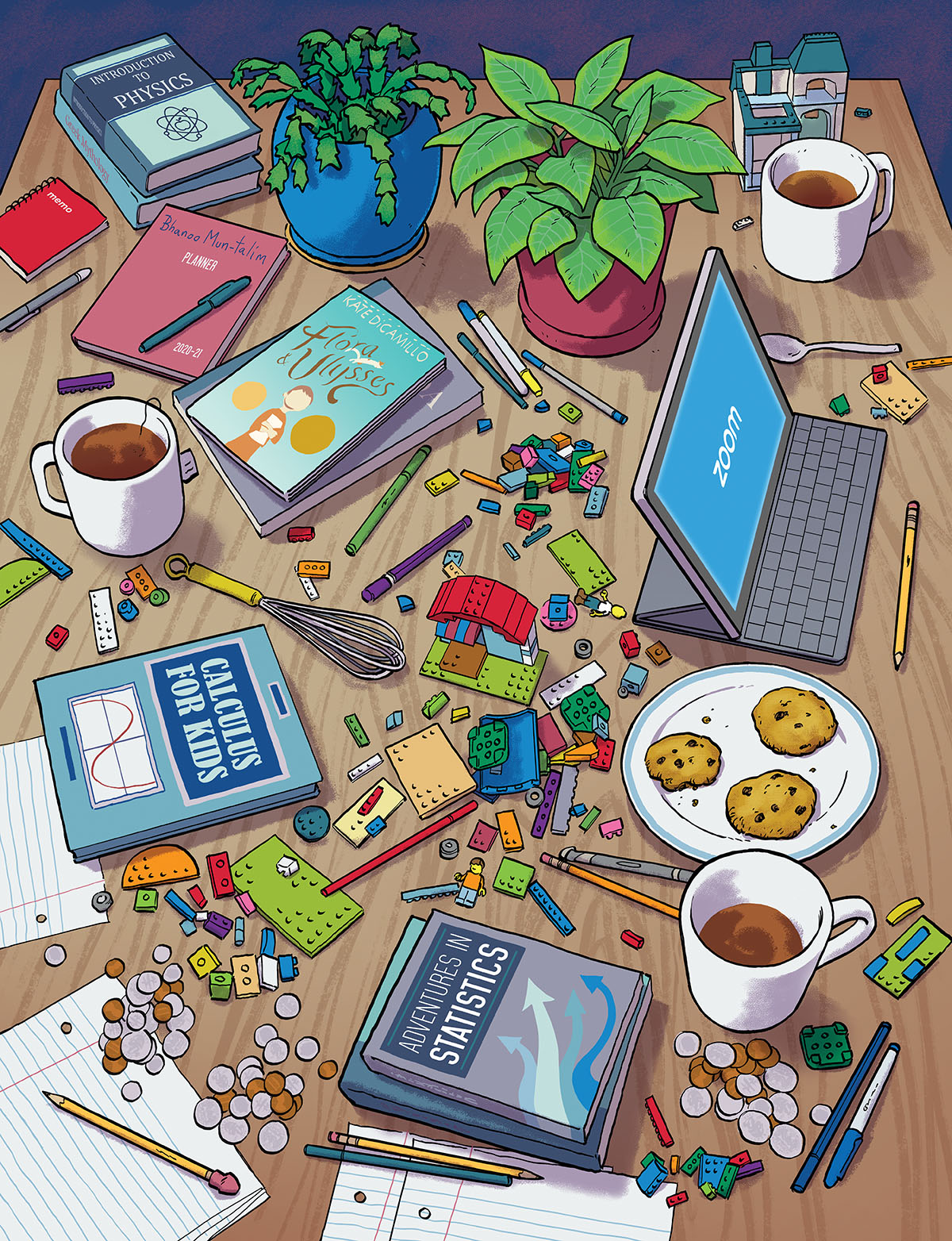 An illustration of a large wooden table covered with items for children and adults, including potted plants, a tablet with Zoom open, textbooks, Legos, cookies, money, paper, and more