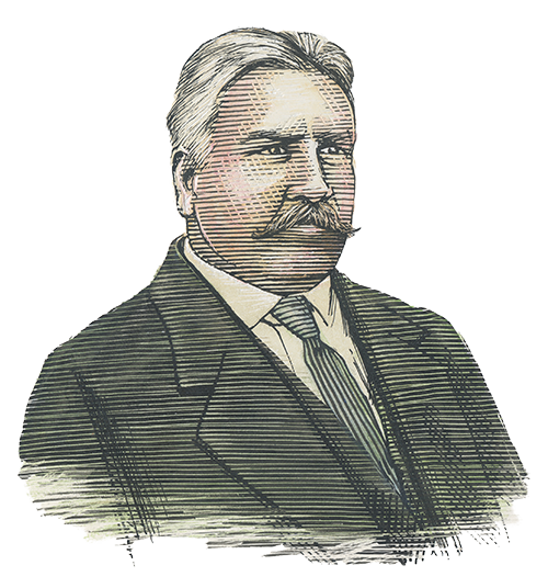 An illustration of a man with a large mustache wearing a suit