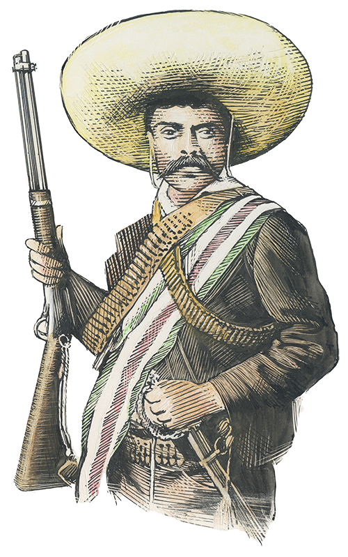 A man in a large cowboy hat wearing a sash of bullets and holding a long rifle