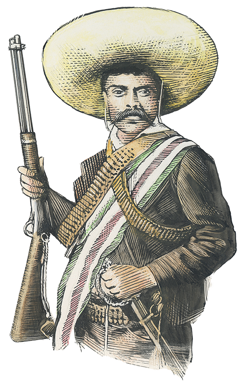 A man in a large cowboy hat wearing a sash of bullets and holding a long rifle