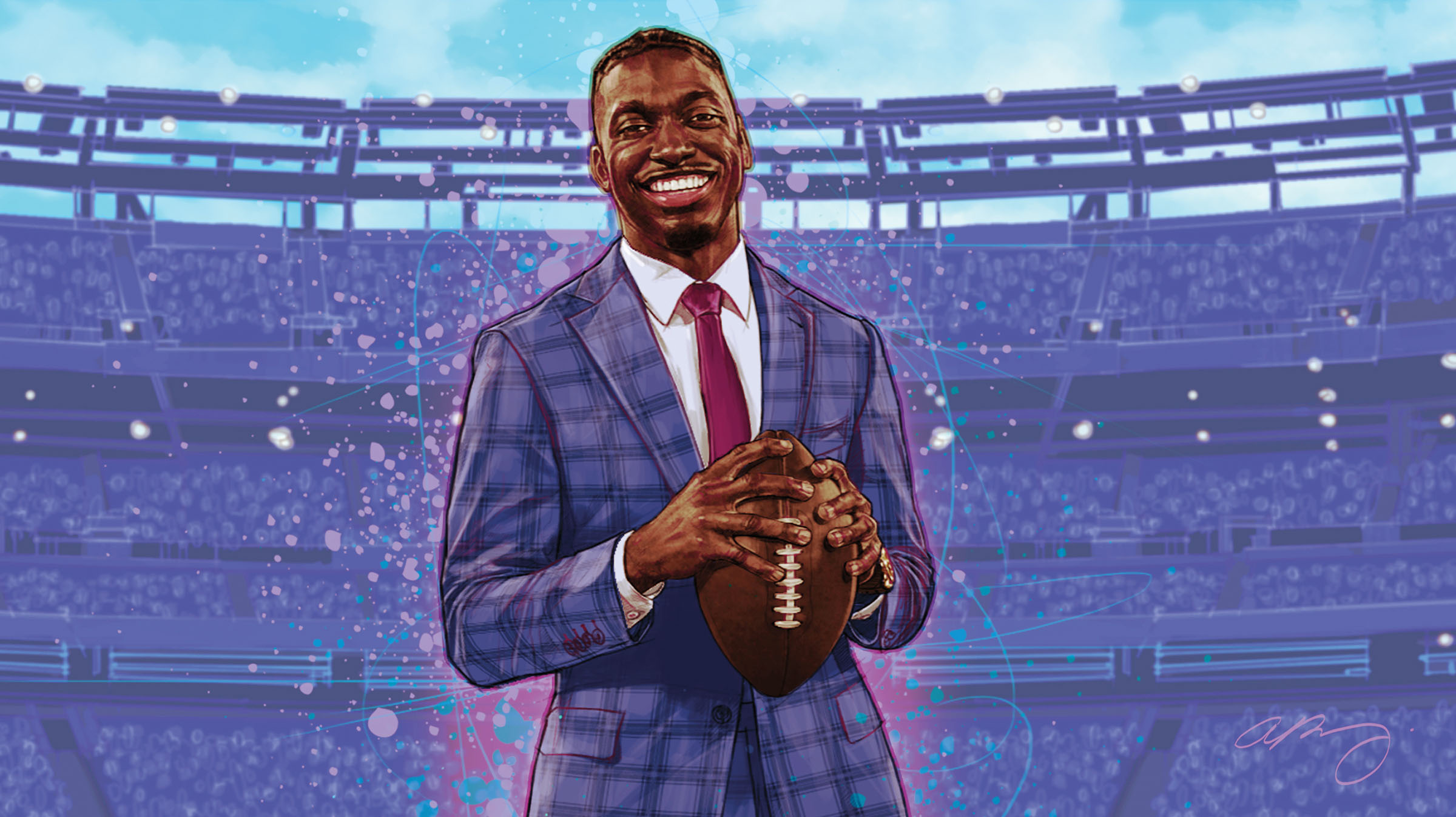 An illustration of a man wearing a bluish-purple suit holding a football