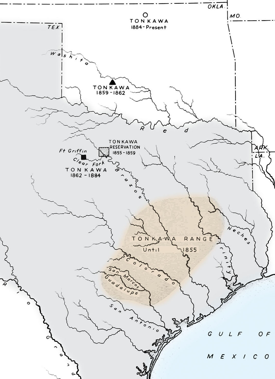 A map showing the location of the Tonkawa tribe at various points in history. A tan region in central Texas highlights their range "until 1855"
