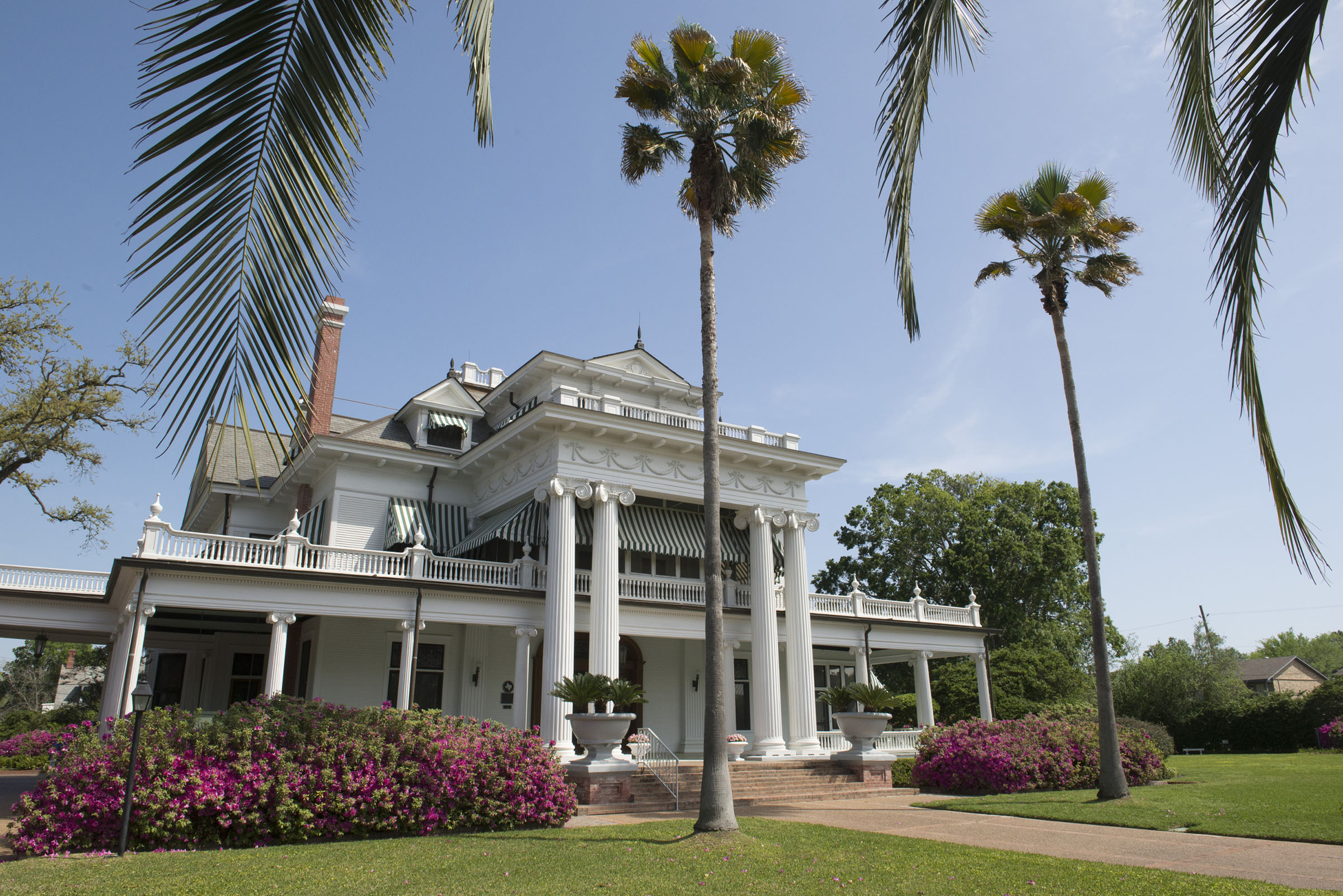 A white, stately building with a deck, pillars, and palm trees